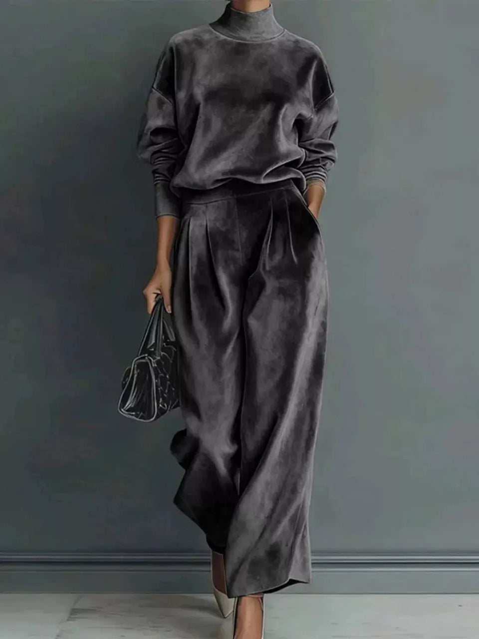 Velvet Mock Neck Long Sleeve Top and Wide-Leg Pants Set