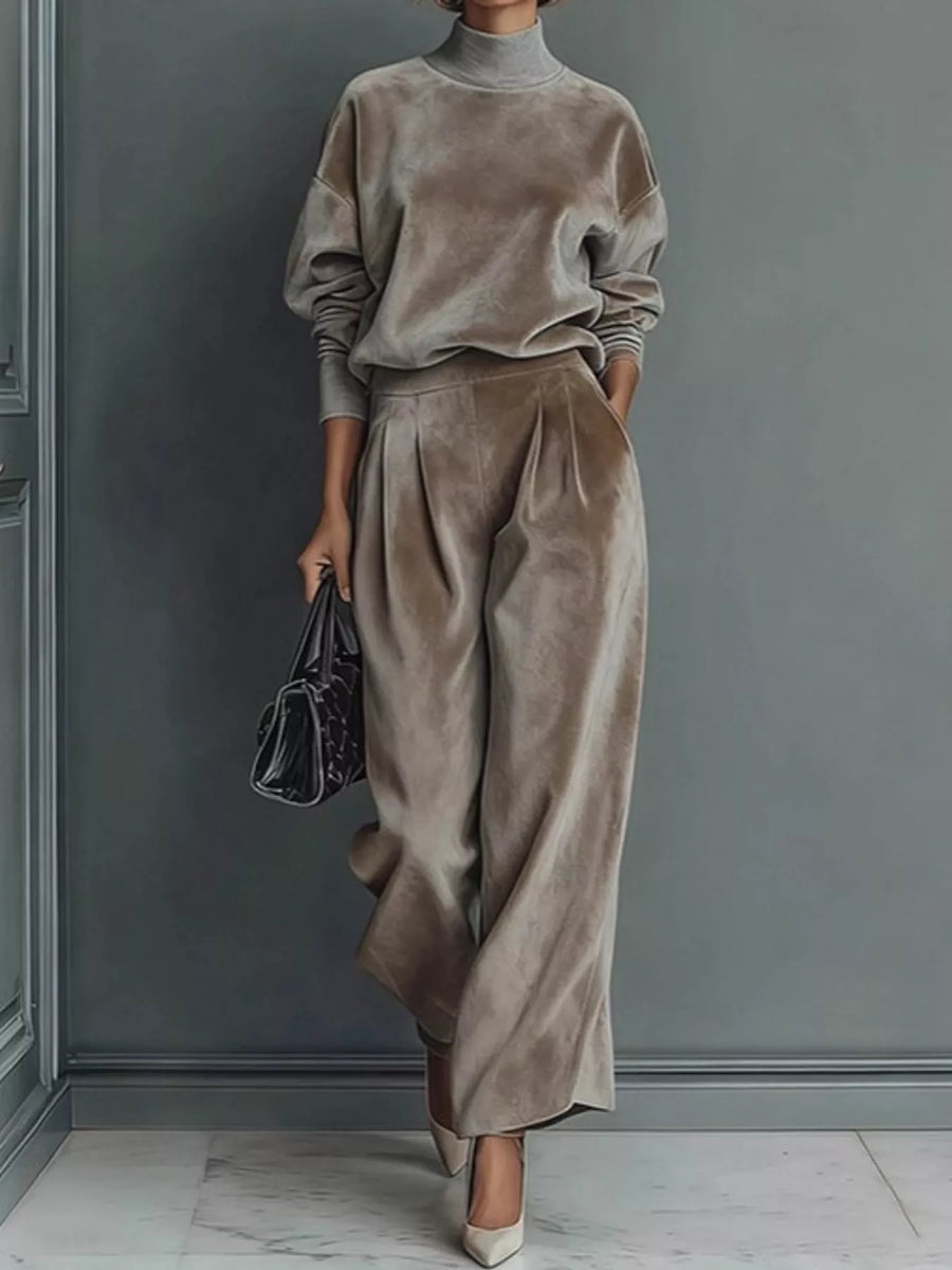 Velvet Mock Neck Long Sleeve Top and Wide-Leg Pants Set