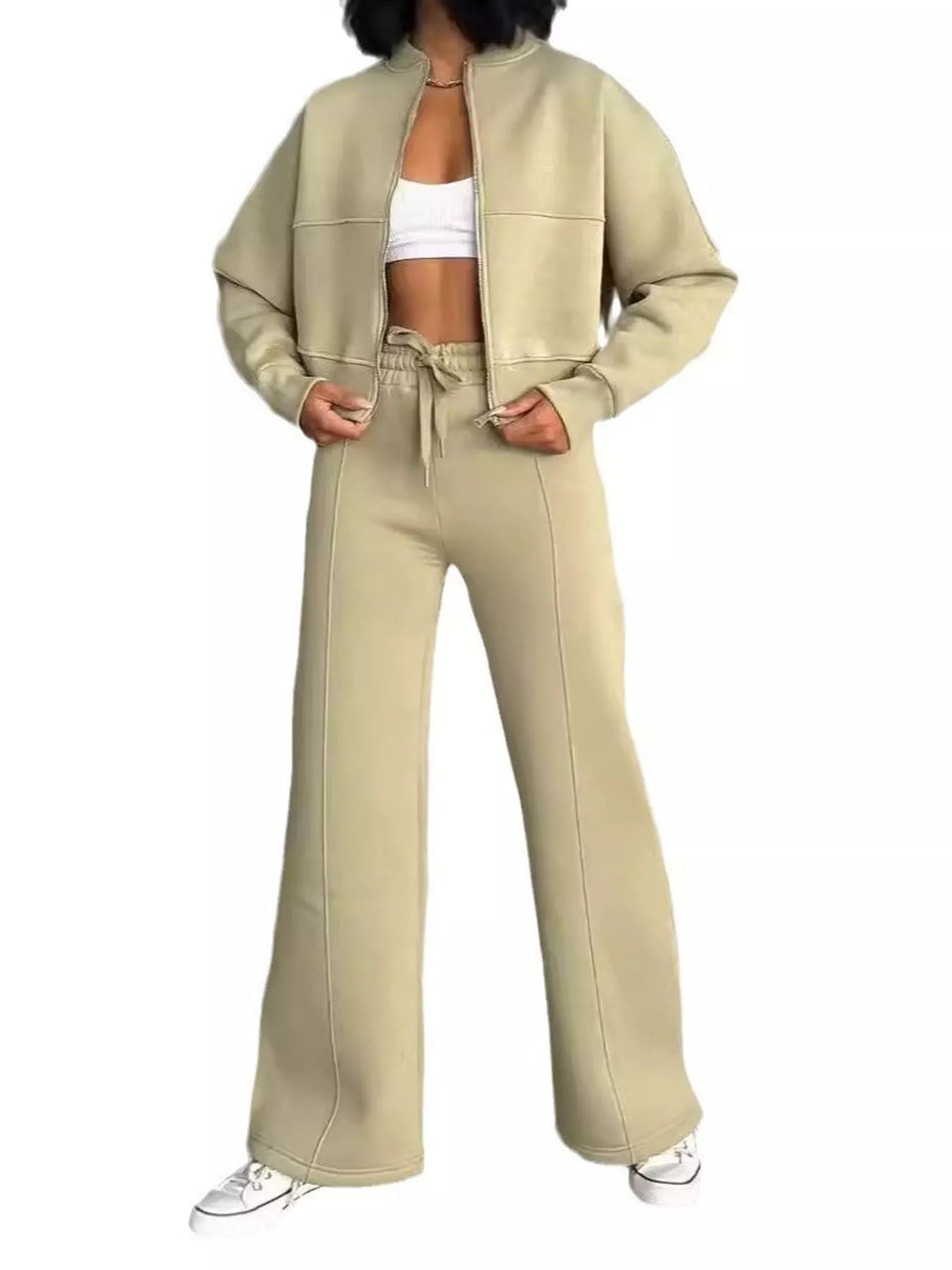 Casual Zip-Up Jacket and Wide-Leg Sweatpants Set