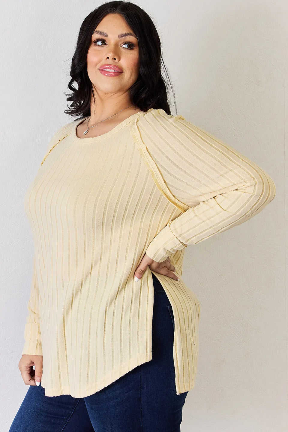 Basic Bae Ribbed Round Neck Slit T-Shirt