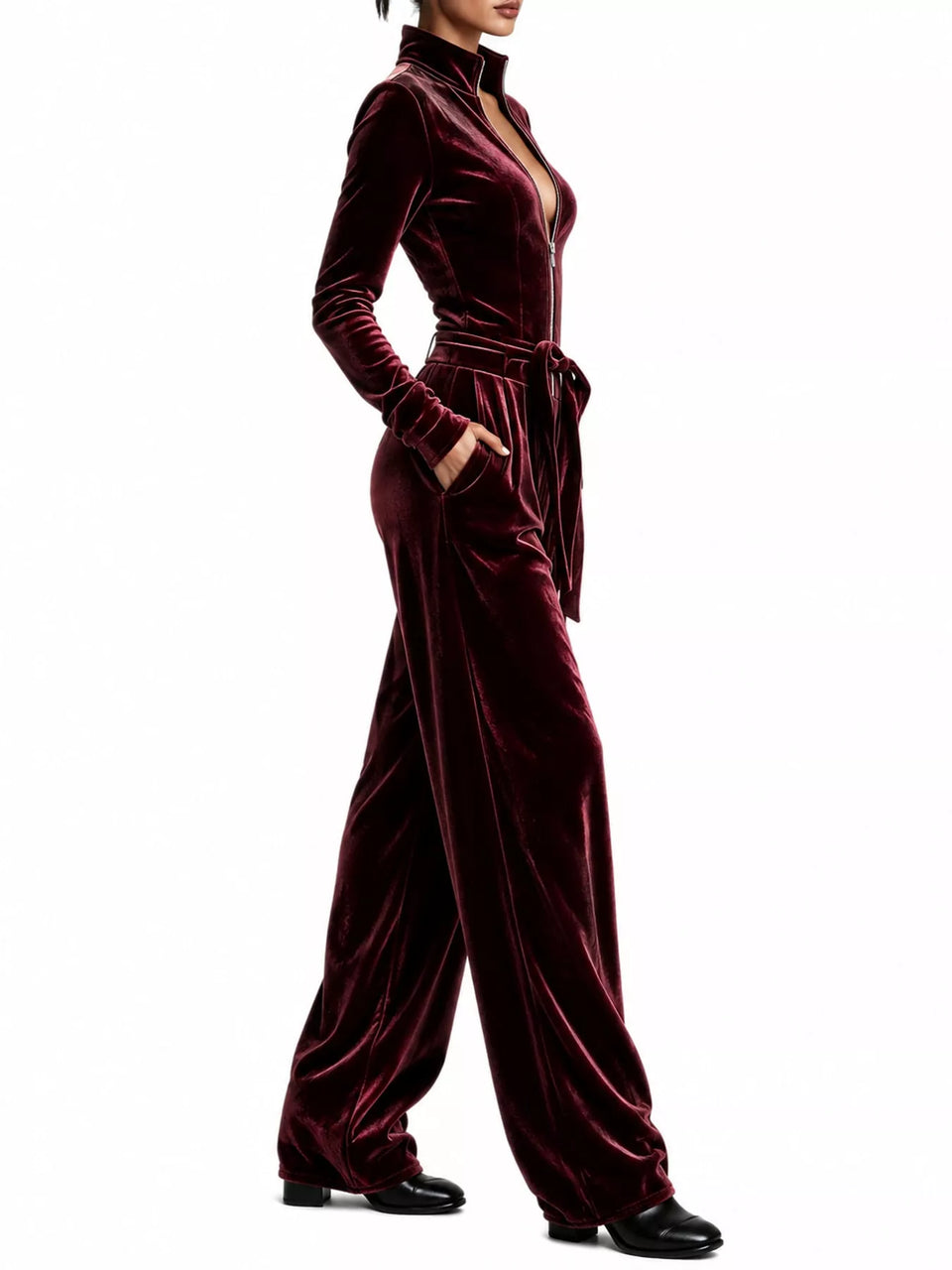 Velvet Zip-Up Jumpsuit with Tie-Waist