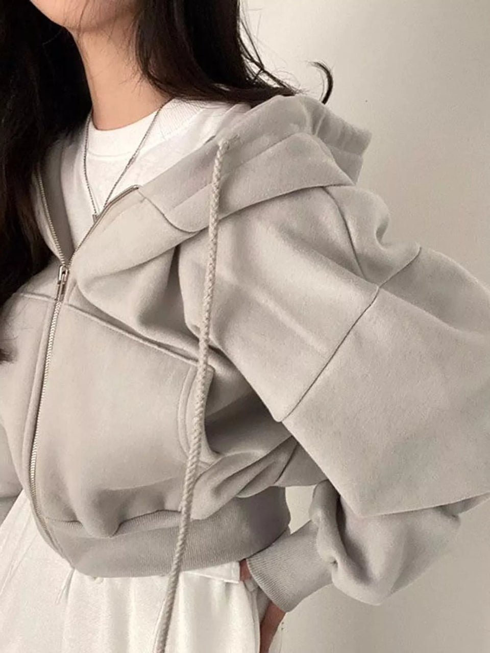 Oversized Zip-Up Cropped Hoodie