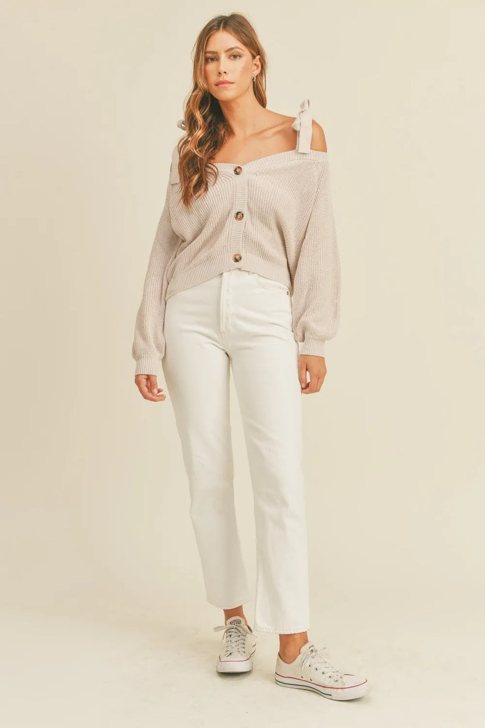 MABLE Off-Shoulder Self-Tie Button Down Sweater