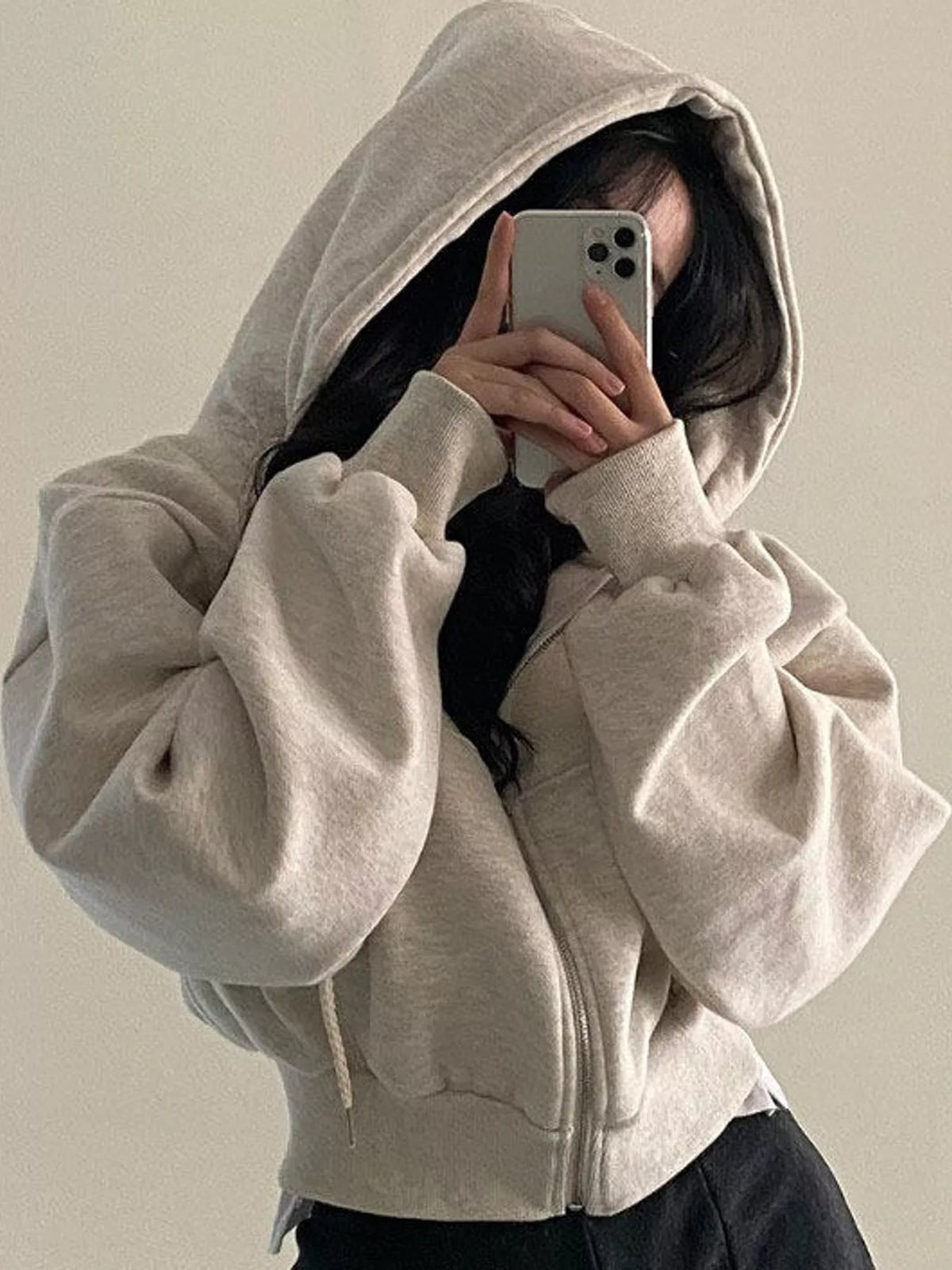 Oversized Zip-Up Cropped Hoodie