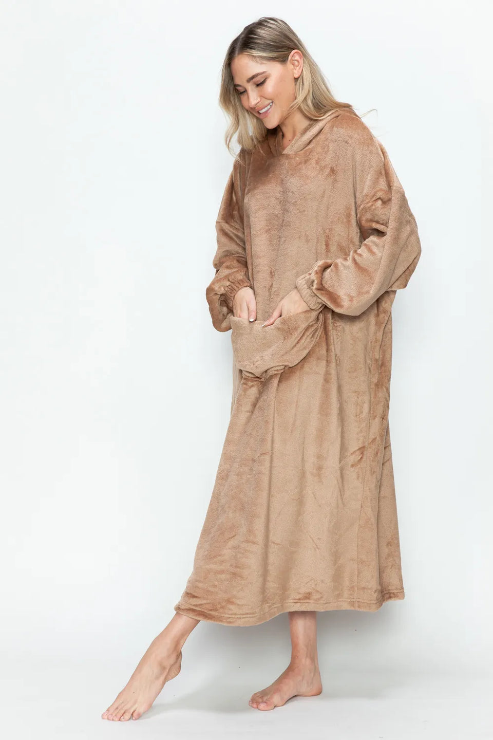 Double Take Pocketed Hooded Midi Lounge Dress
