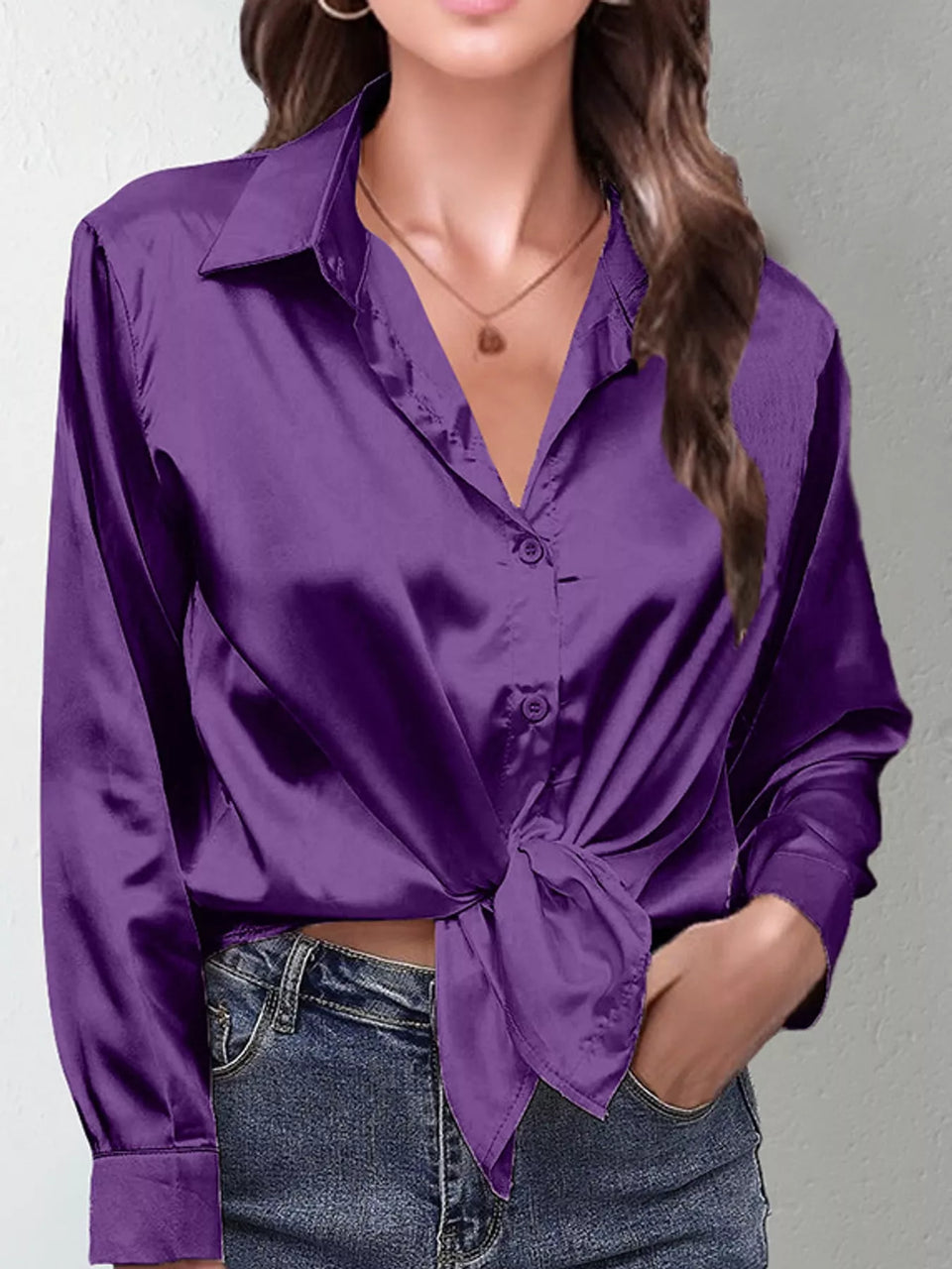 Satin Button-Down Long Sleeve Shirt