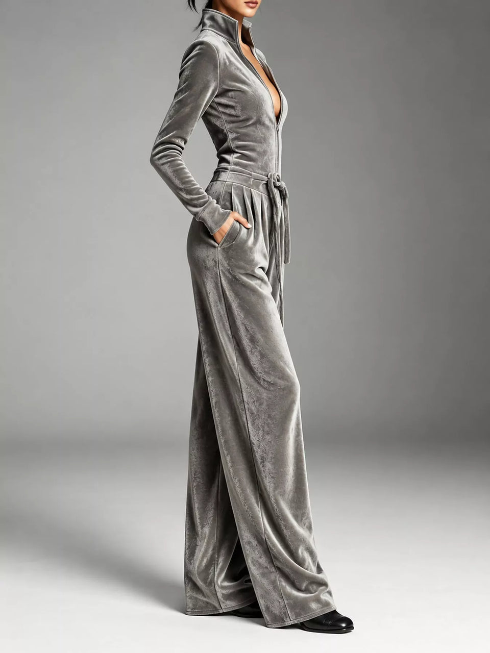 Velvet Zip-Up Jumpsuit with Tie-Waist