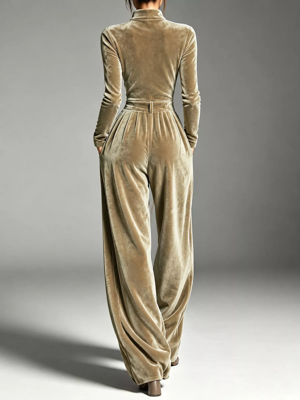 Velvet Zip-Up Jumpsuit with Tie-Waist