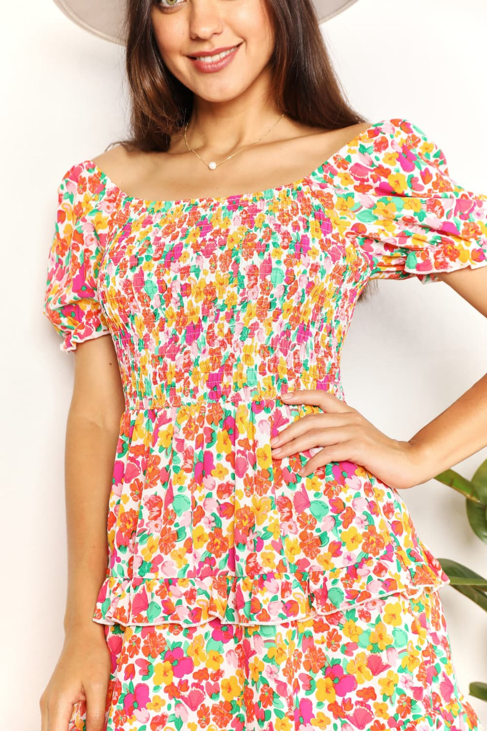 Devine Smocked Sweetheart Flounce Sleeve Mini Dress