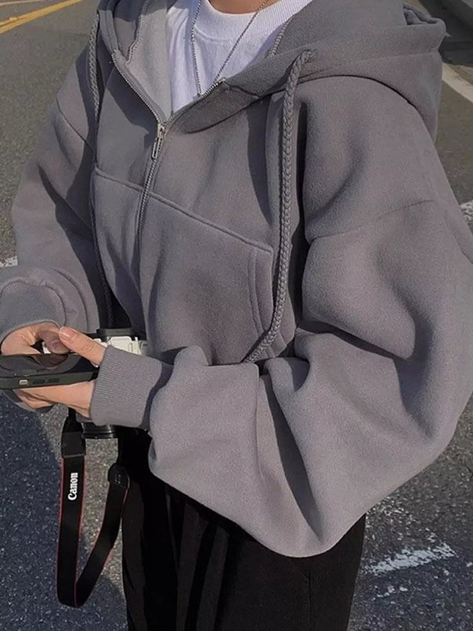 Oversized Zip-Up Cropped Hoodie