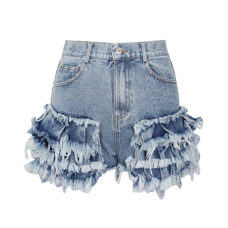 Jeansshorts med fransad volangkant