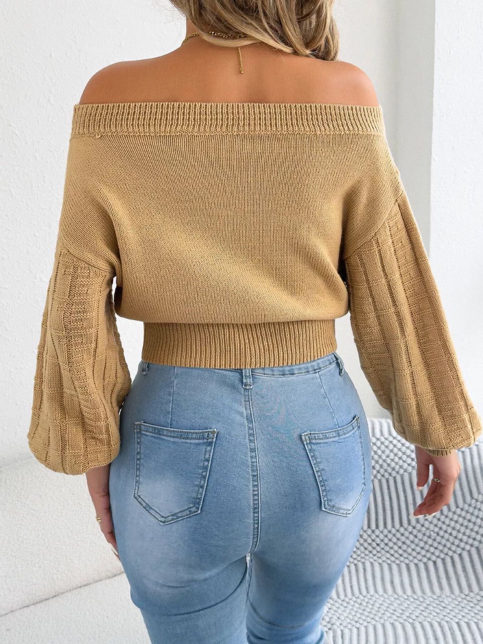 Off-Shoulder Openwork Cropped Sweater