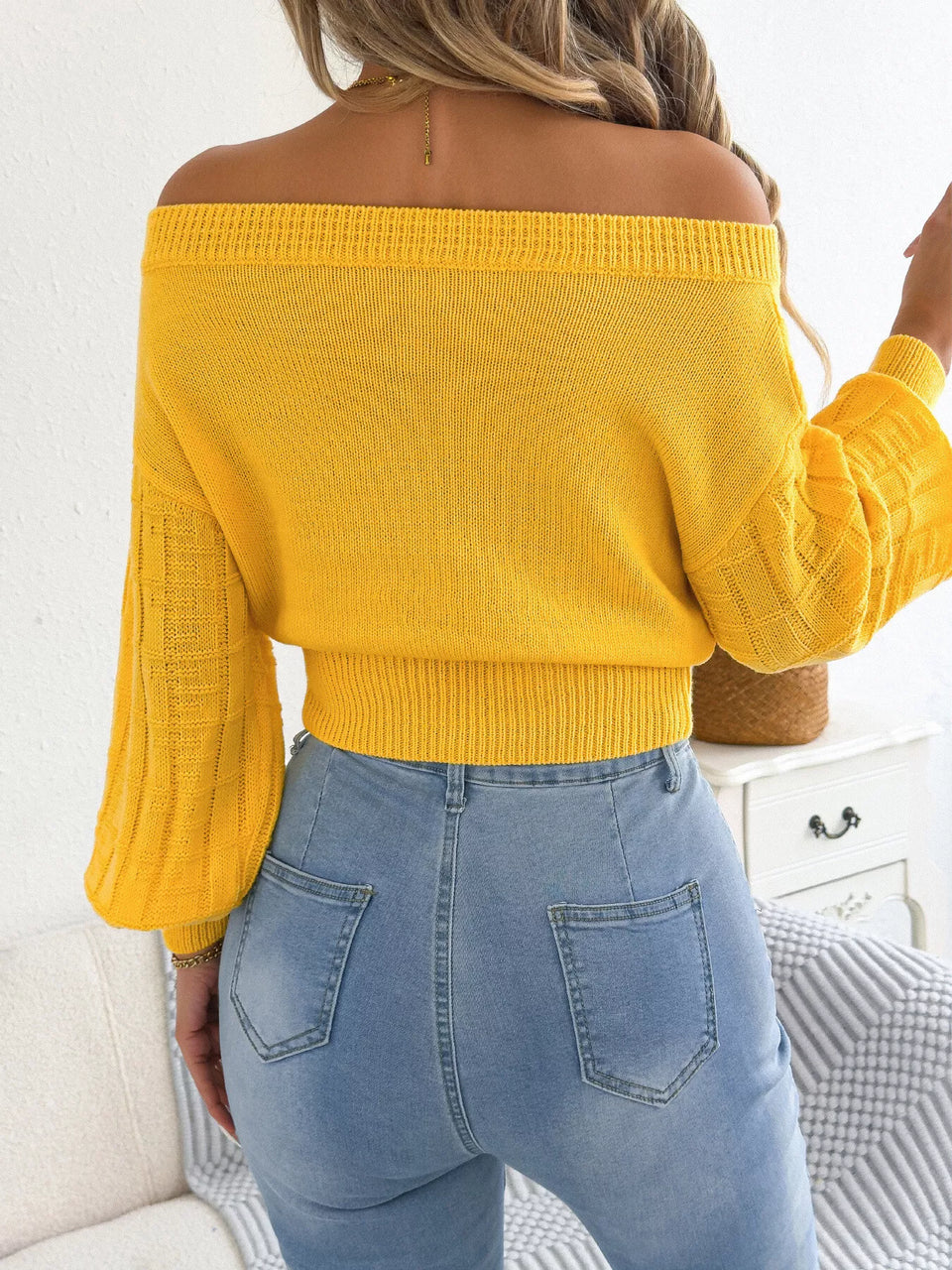 Off-Shoulder Openwork Cropped Sweater
