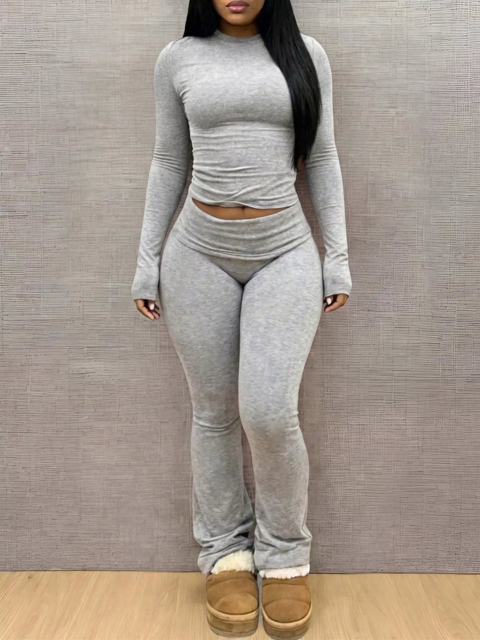 Slim-Fit Long Sleeve Crop Top and Leggings Lounge Set