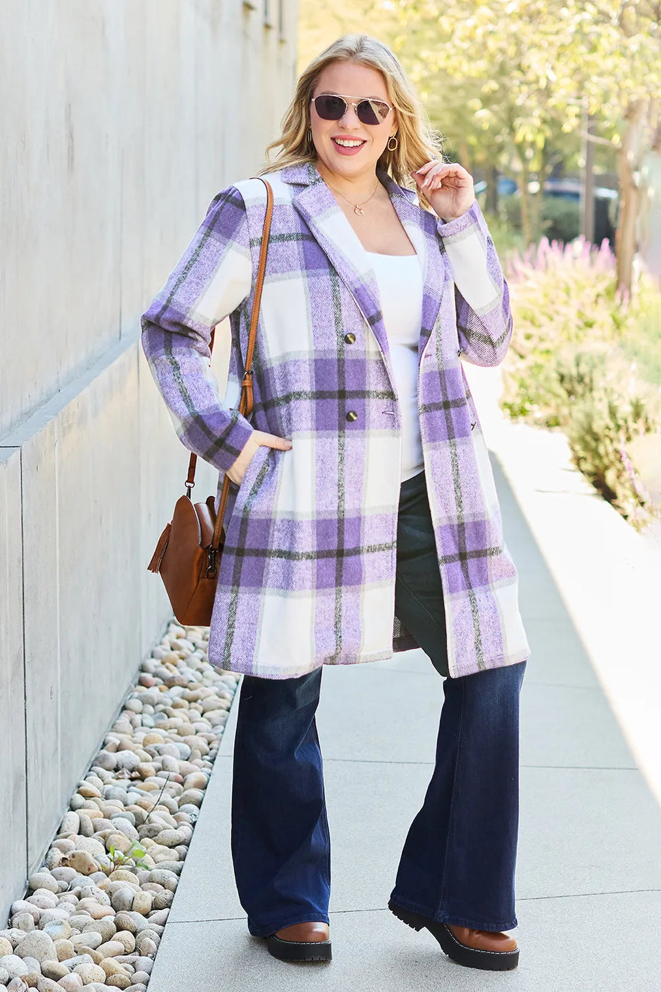 Double Take Plaid Button-Up Lapel Collar Coat