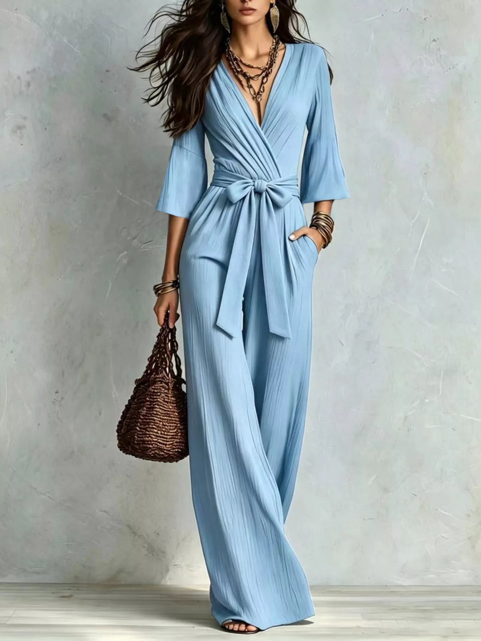 Pleated Wide-Leg Jumpsuit with Tie-Waist