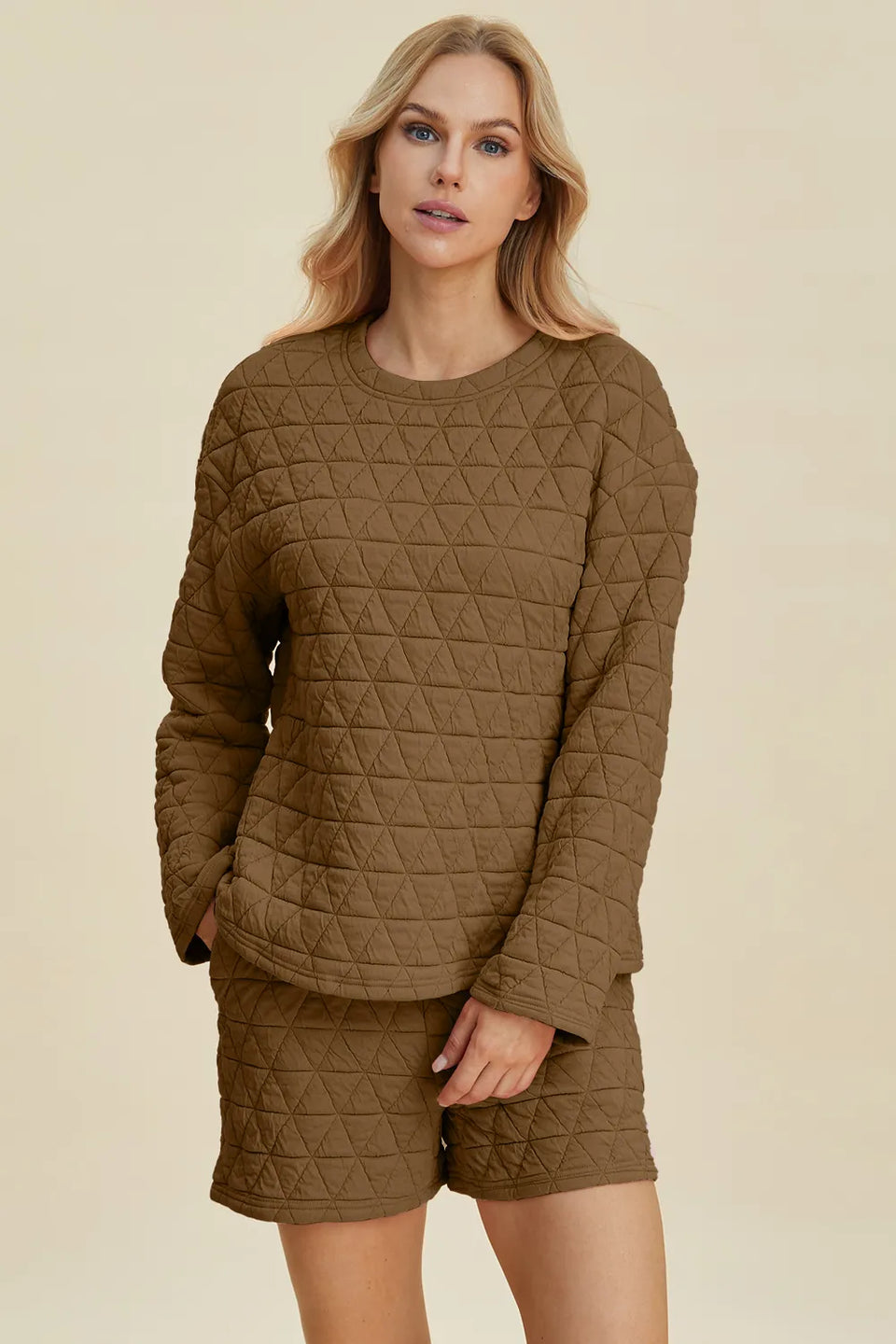 Double Take Textured Long Sleeve Top and Shorts Set
