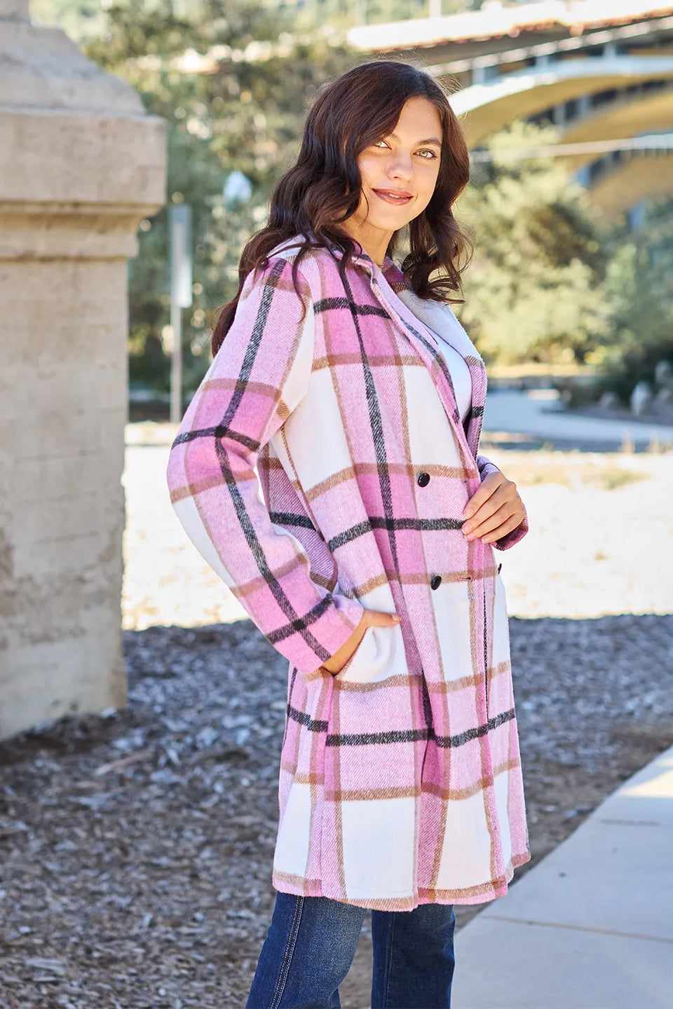 Double Take Plaid Button-Up Lapel Collar Coat