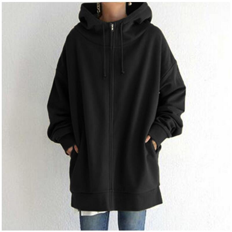 Lång fleecehoodie med dragkedja och fickor
