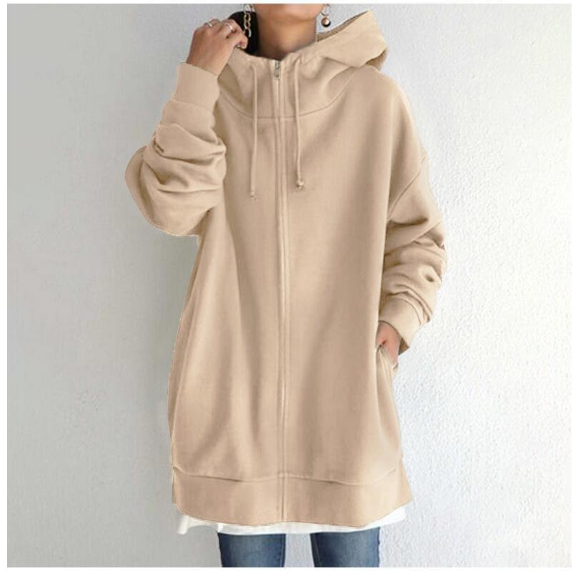 Lång fleecehoodie med dragkedja och fickor