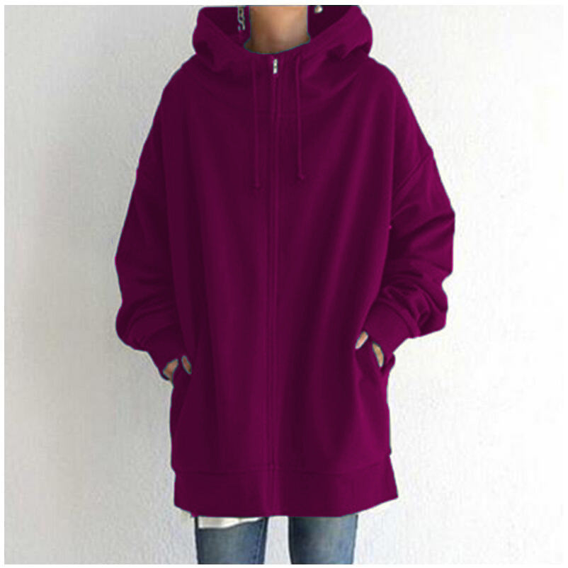 Lång fleecehoodie med dragkedja och fickor