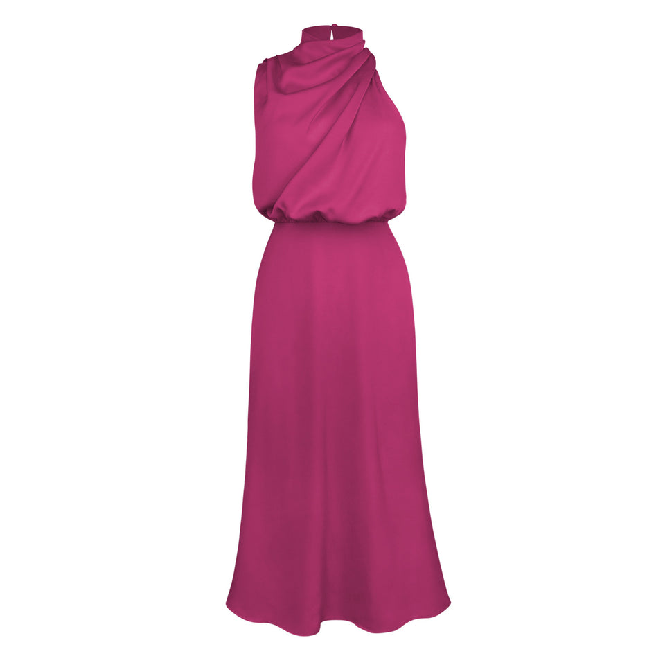 Lång satinklänning med draperad halterneck