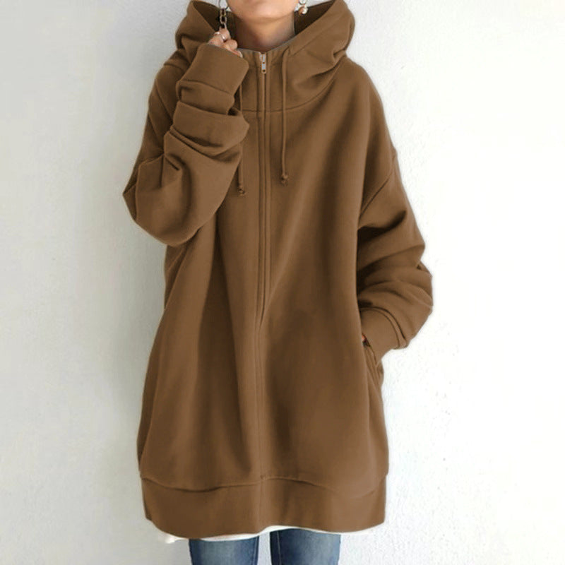 Lång fleecehoodie med dragkedja och fickor