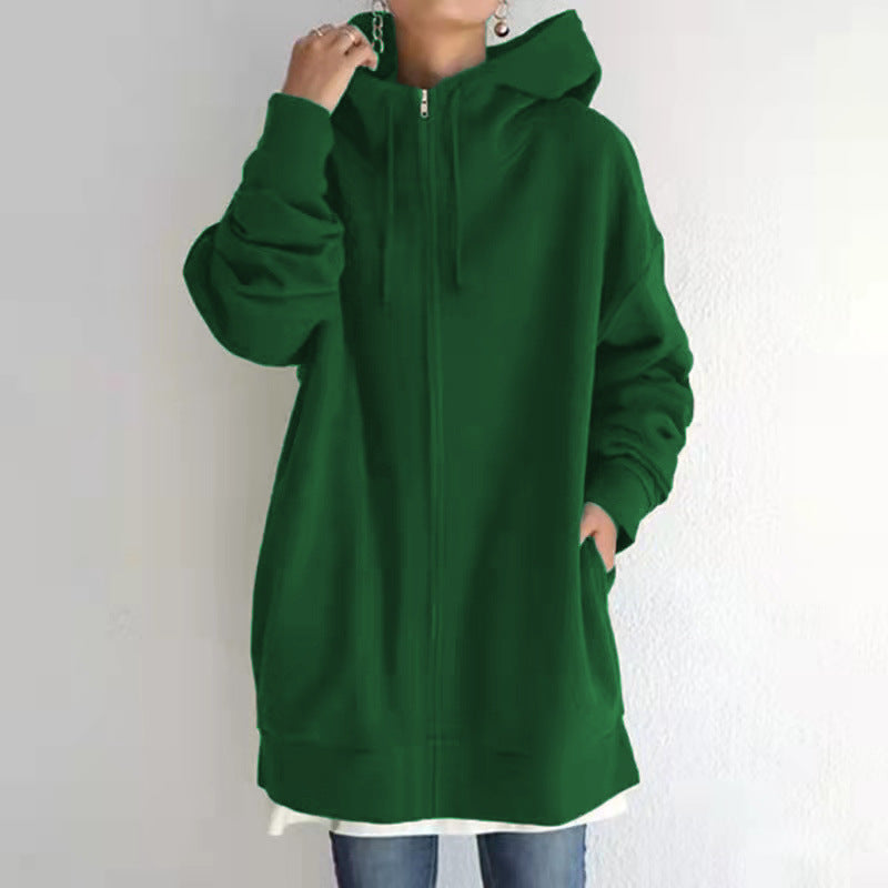 Lång fleecehoodie med dragkedja och fickor