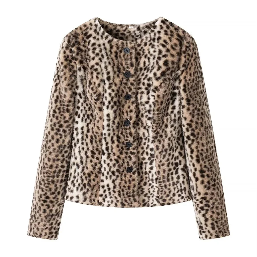 Kort fuskpälsjacka med leopardmönster
