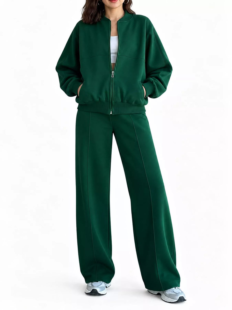 Casual Zip-Up Jacket and Wide-Leg Sweatpants Set