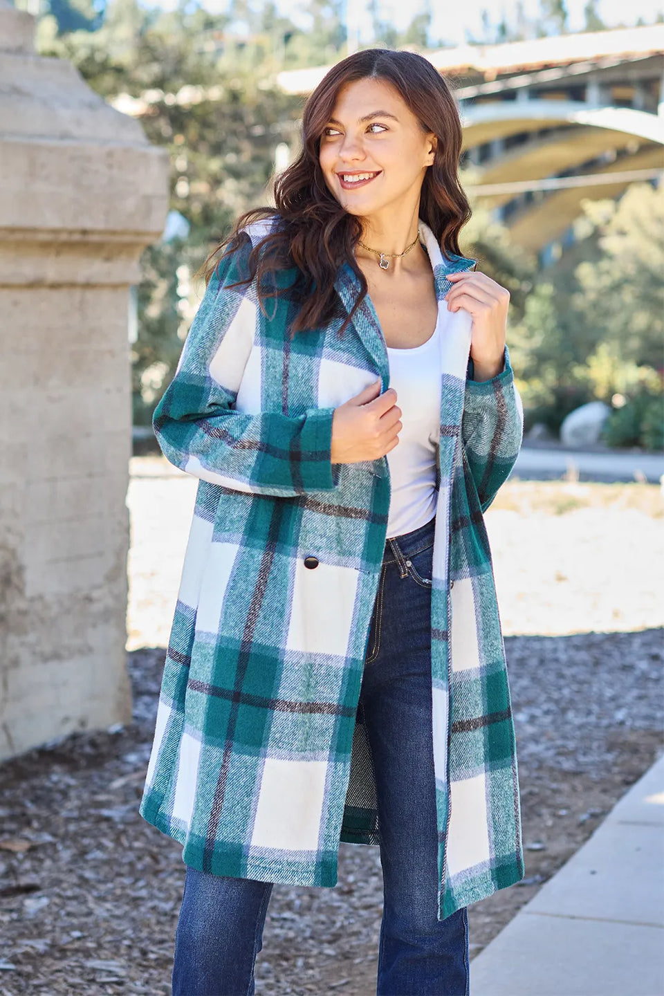 Double Take Plaid Button-Up Lapel Collar Coat