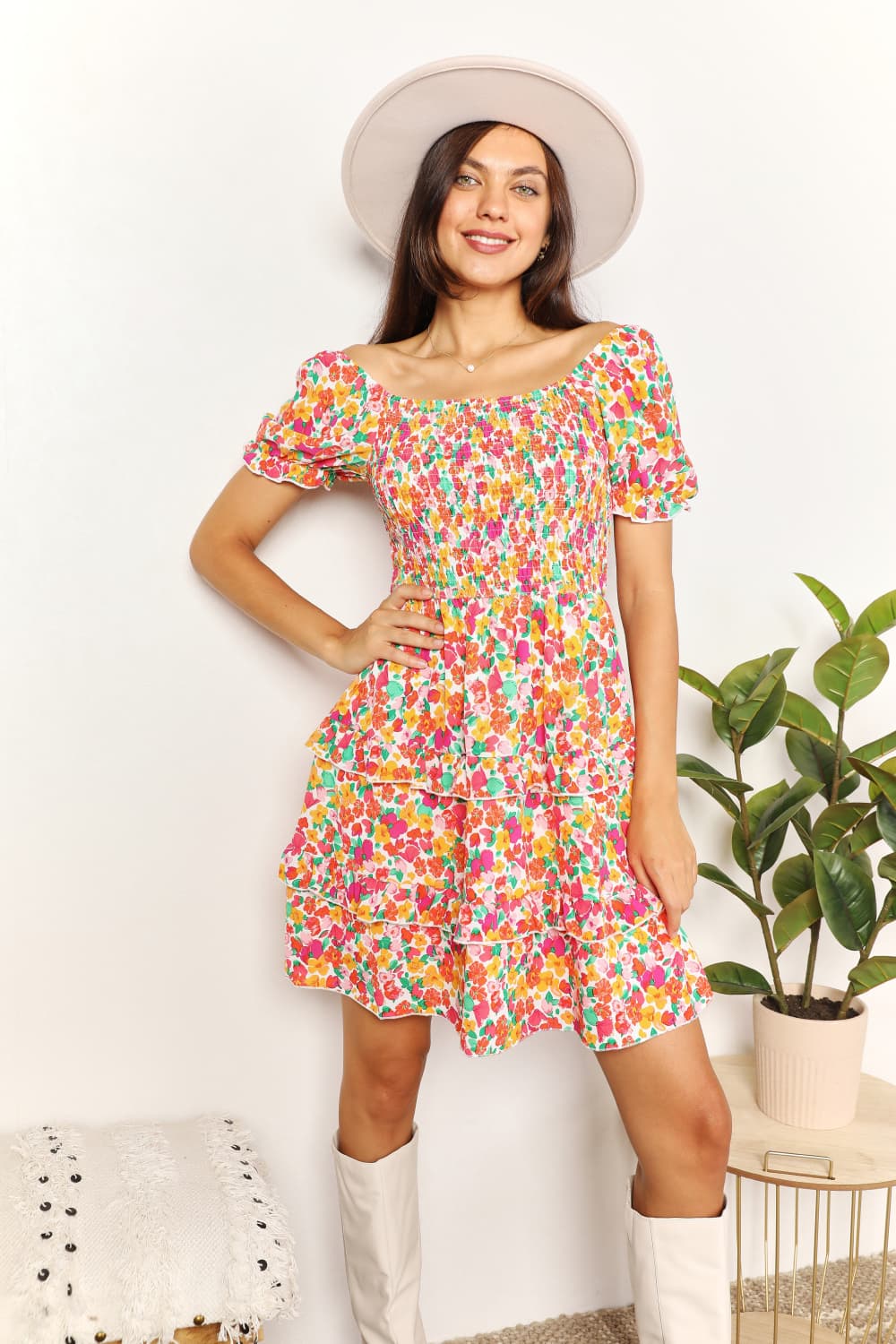 Devine Smocked Sweetheart Flounce Sleeve Mini Dress
