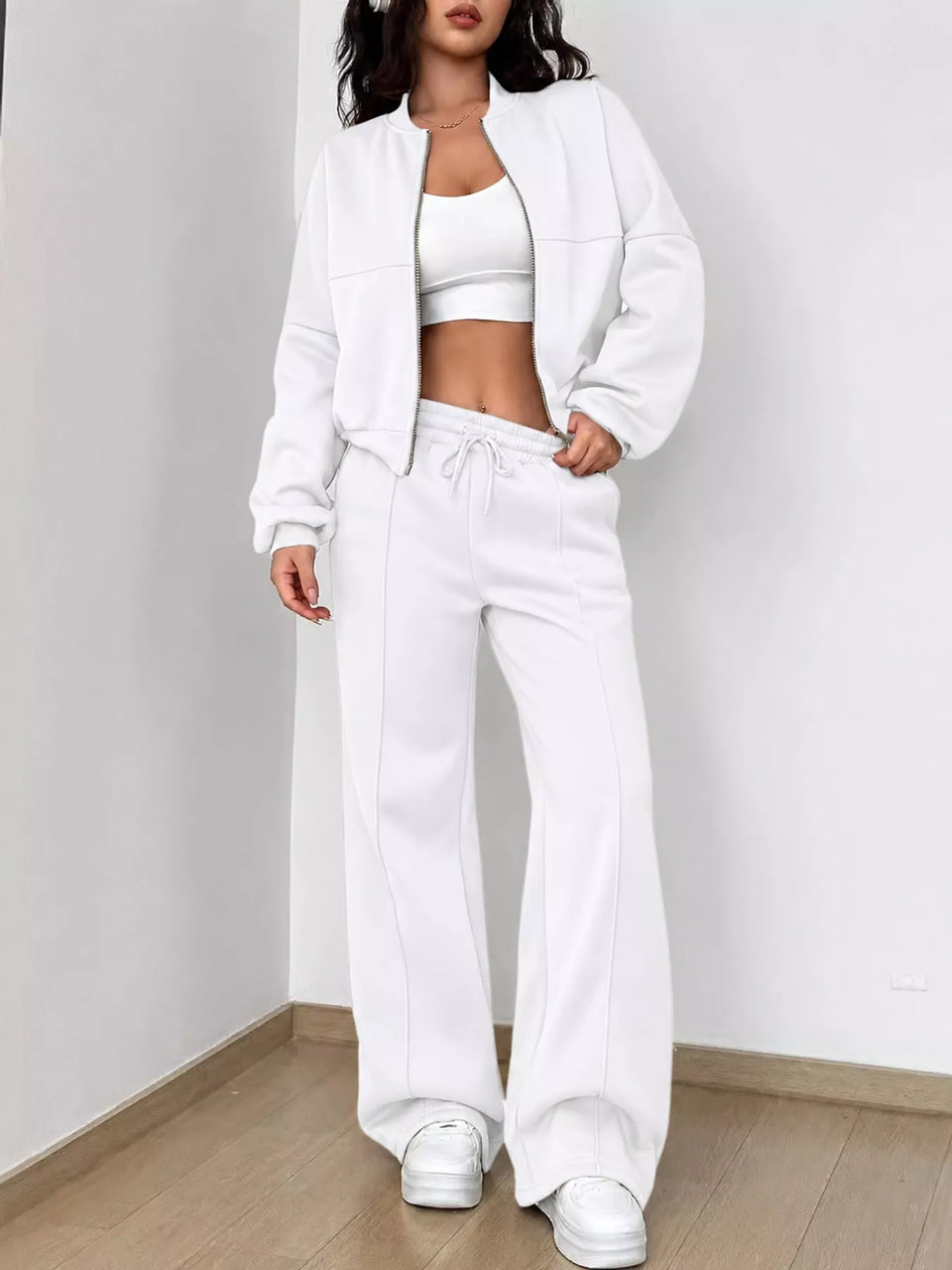 Casual Zip-Up Jacket and Wide-Leg Sweatpants Set