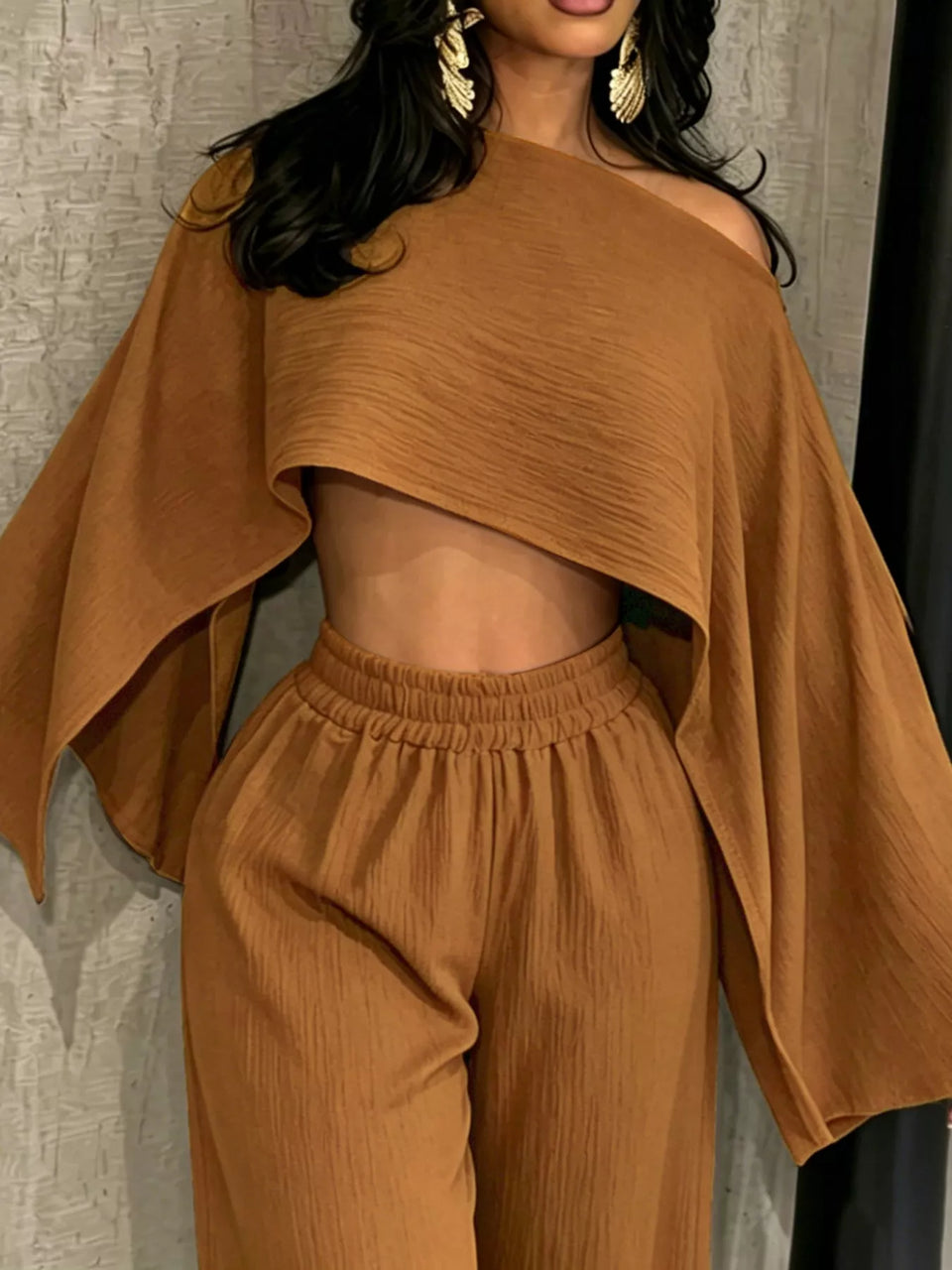 Boat Neck Crop Top and Wide-Leg Pants Set