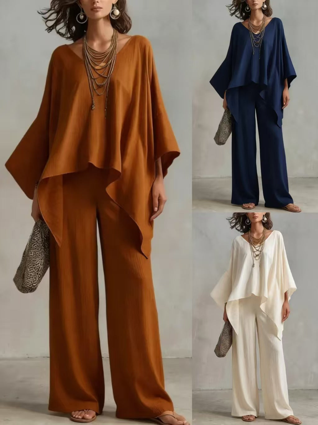 Set i linnemix med asymmetrisk topp och vida byxor