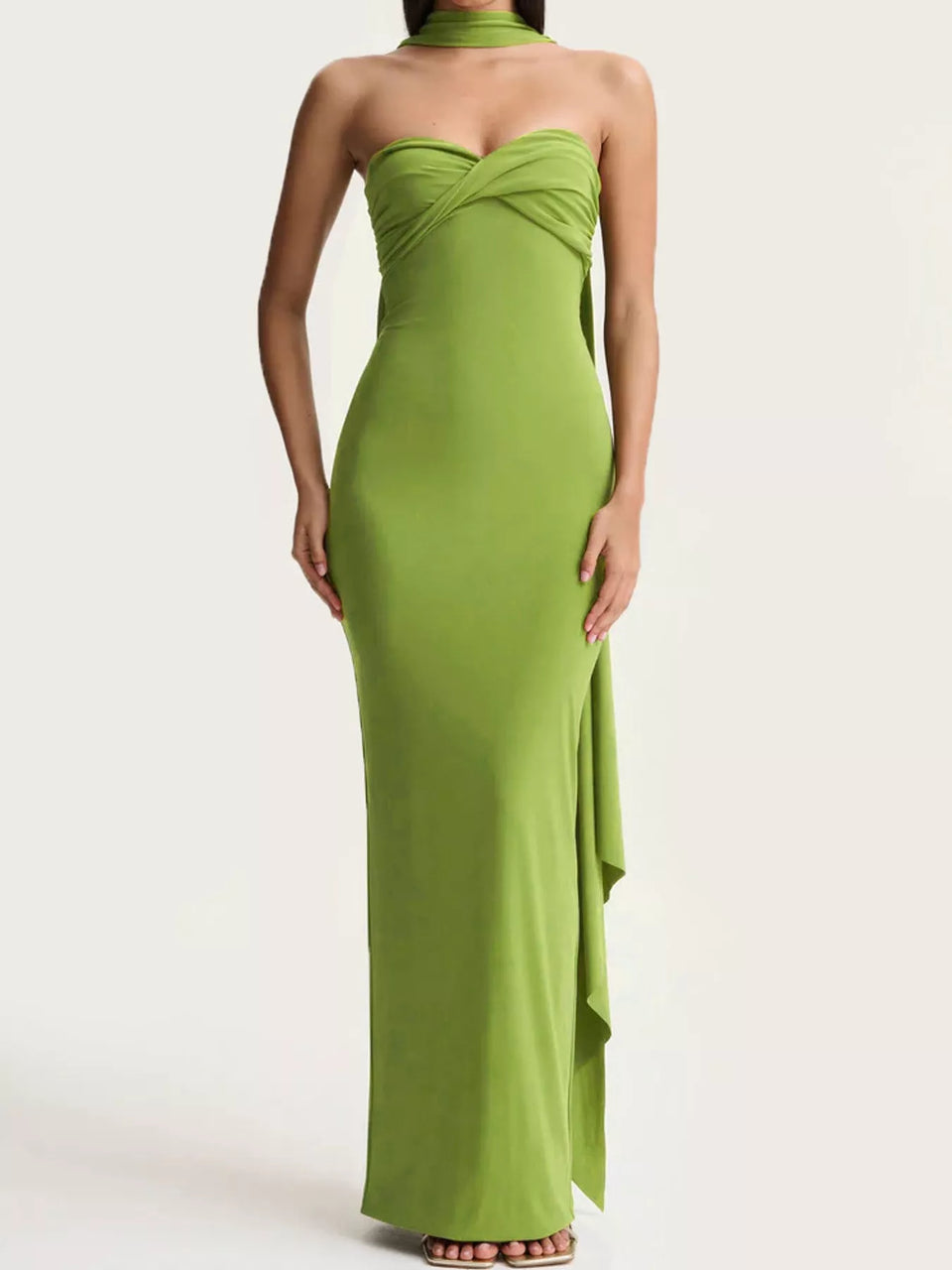 Strapless Ruched Bodycon Maxi Dress with Scarf