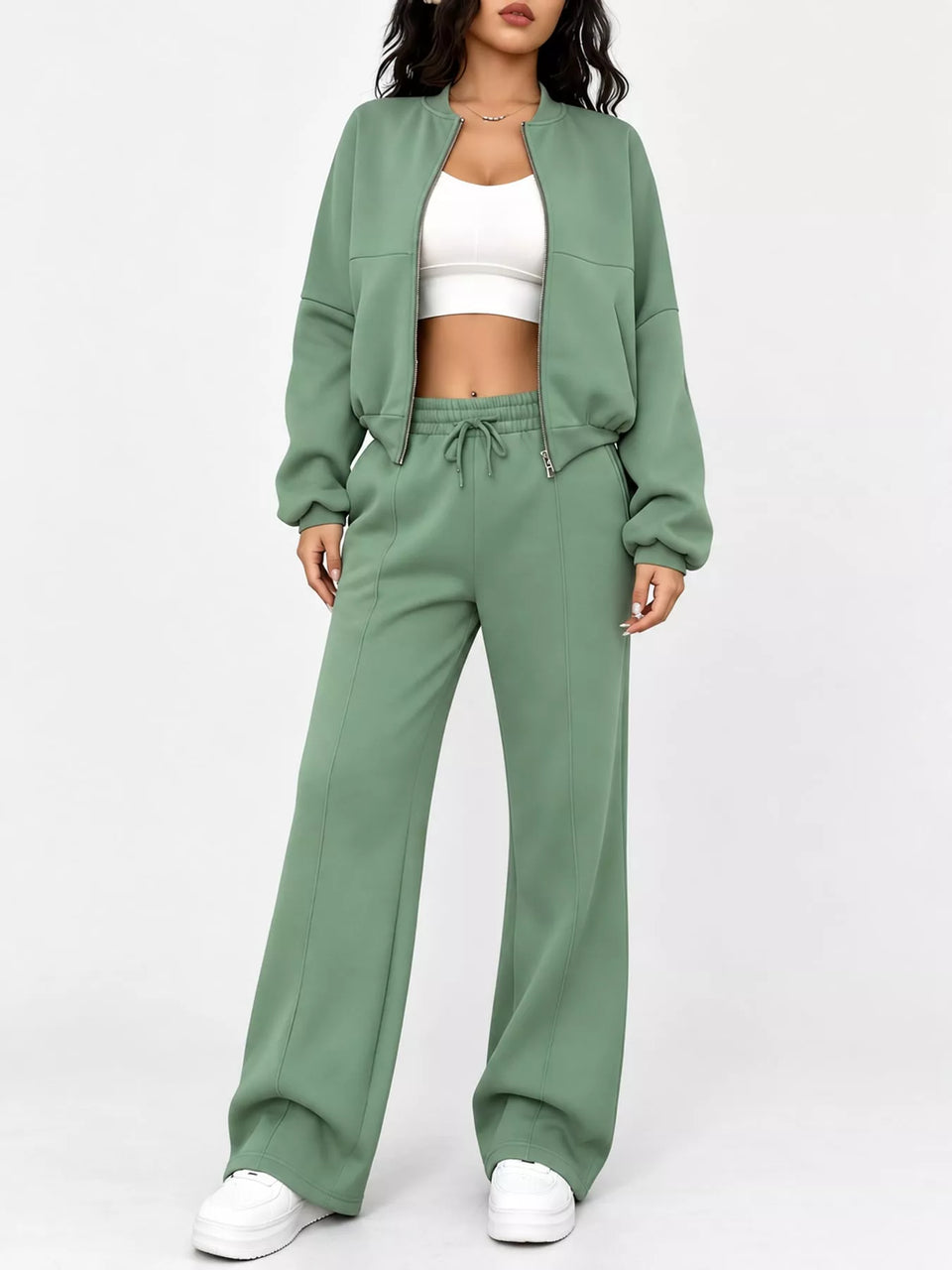 Casual Zip-Up Jacket and Wide-Leg Sweatpants Set