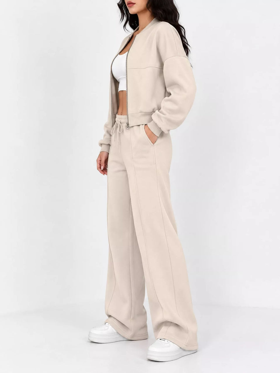Casual Zip-Up Jacket and Wide-Leg Sweatpants Set