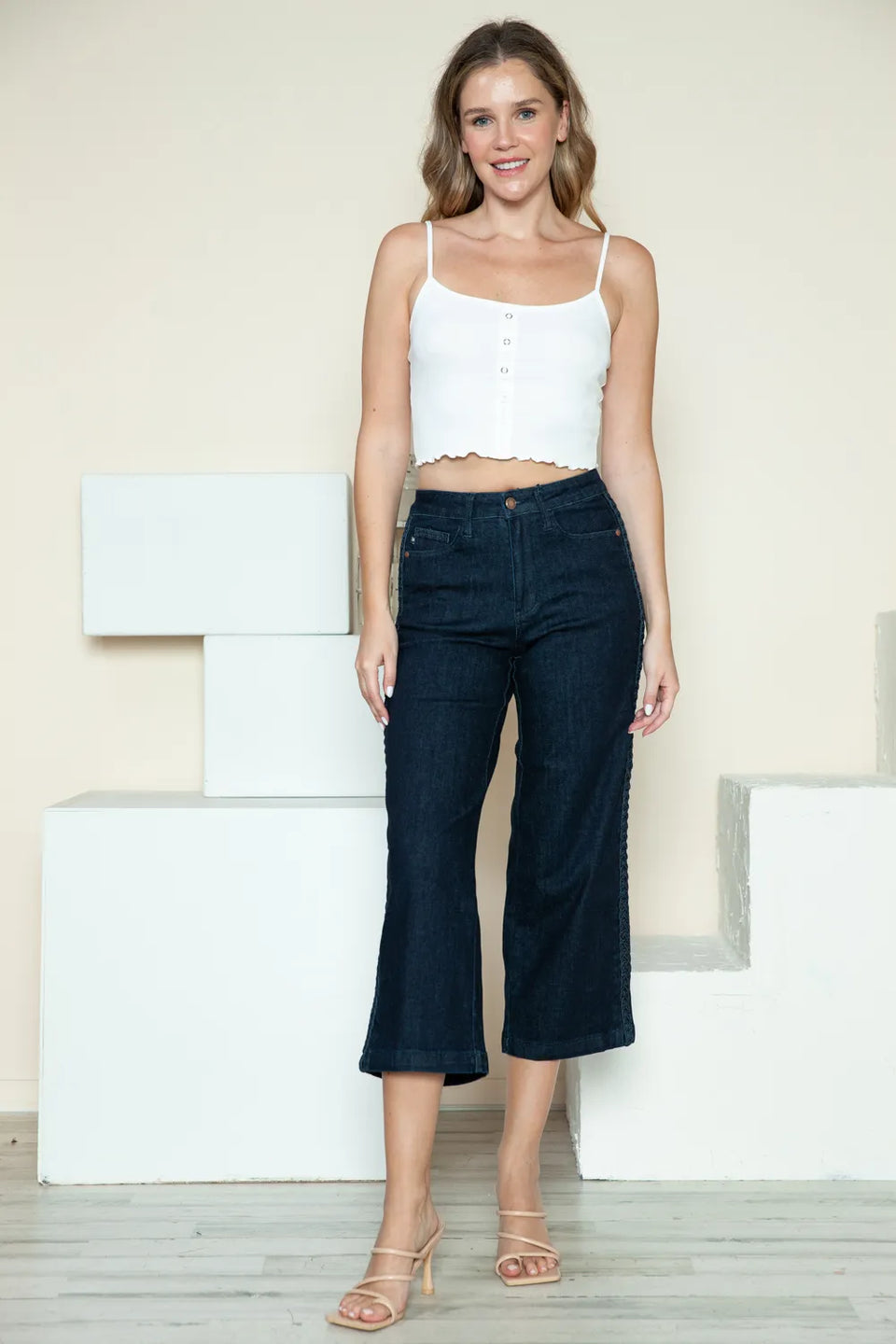 Judy Blue Side Seam Braid Crop Wide Leg Jeans