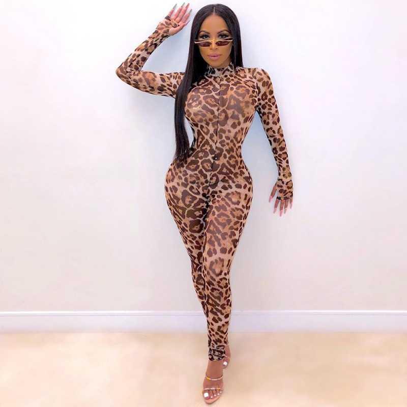 Tight jumpsuit med leopardmönster och hög hals