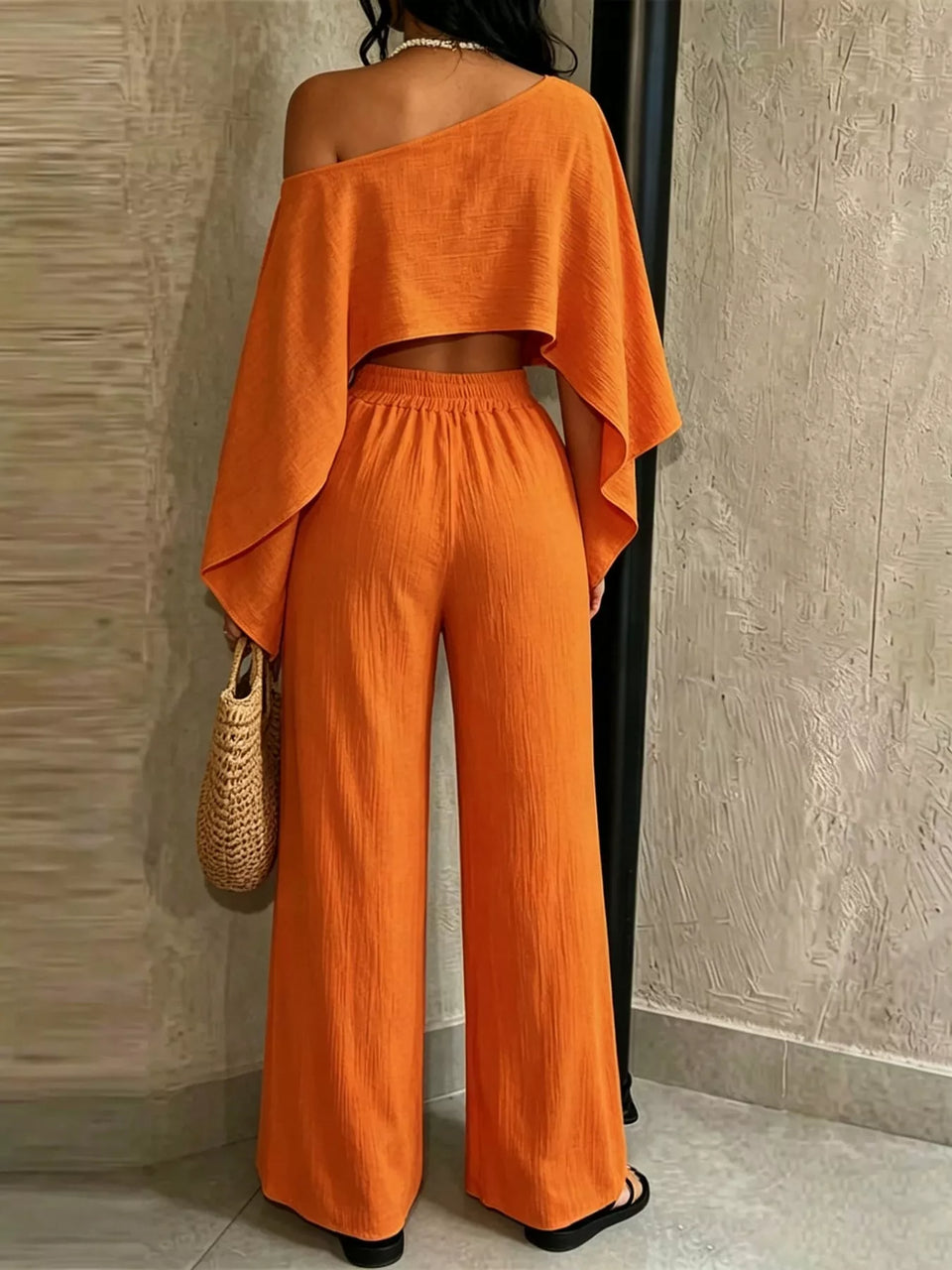 Boat Neck Crop Top and Wide-Leg Pants Set