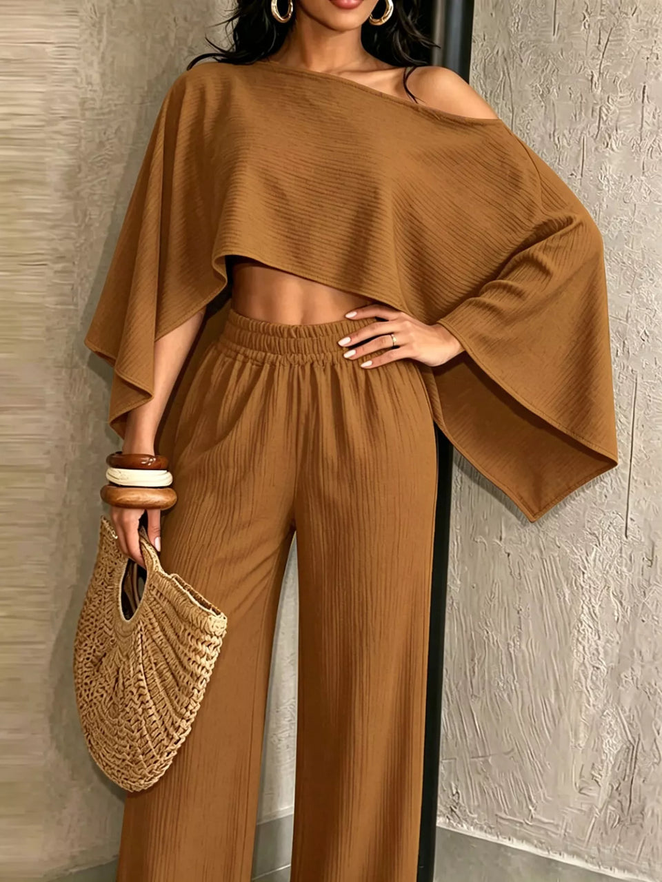 Boat Neck Crop Top and Wide-Leg Pants Set