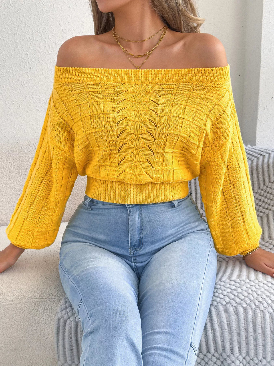 Off-Shoulder Openwork Cropped Sweater