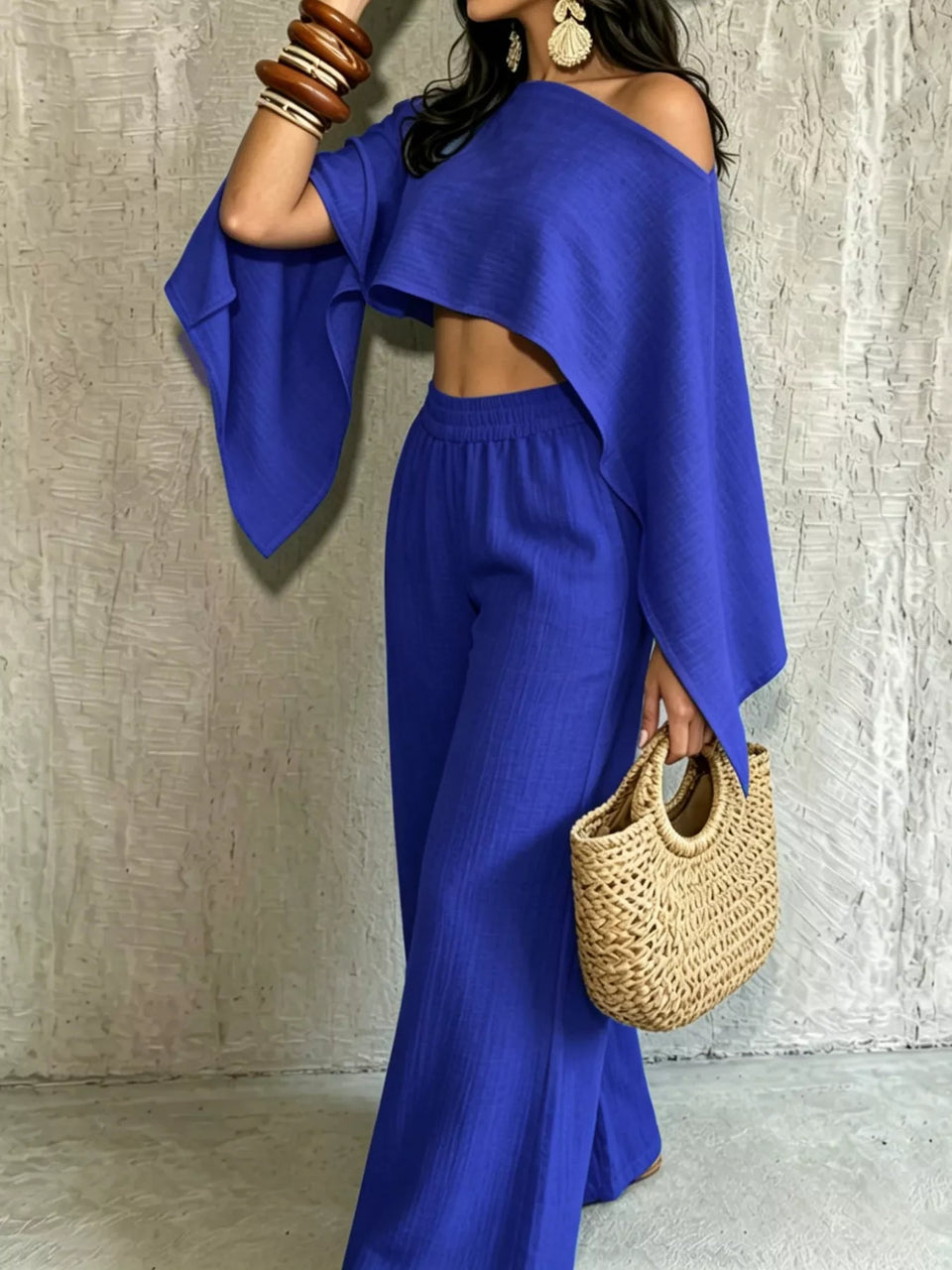 Boat Neck Crop Top and Wide-Leg Pants Set