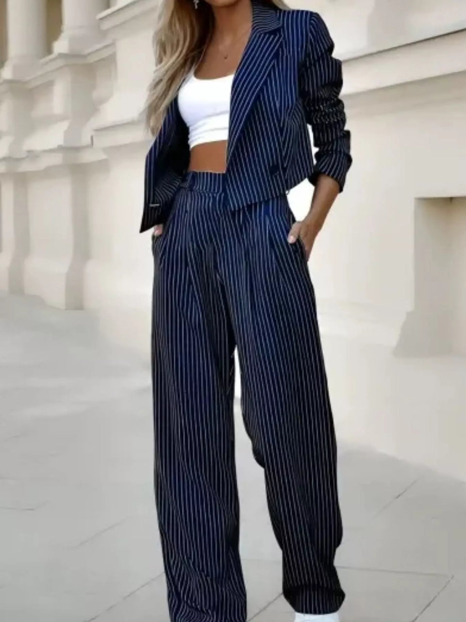 Striped Cropped Blazer and Wide-Leg Pants Two-Piece Set