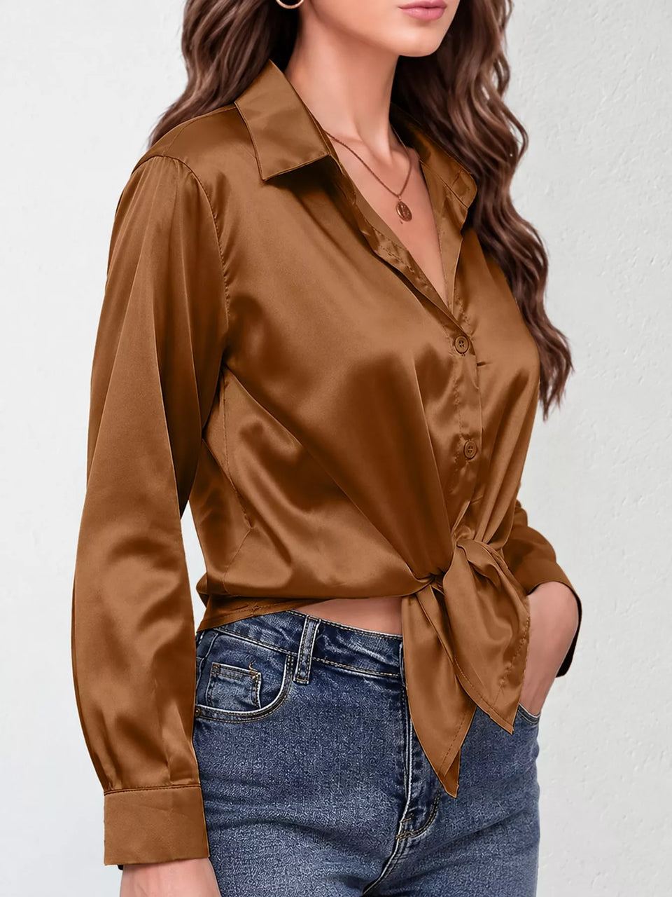 Satin Button-Down Long Sleeve Shirt