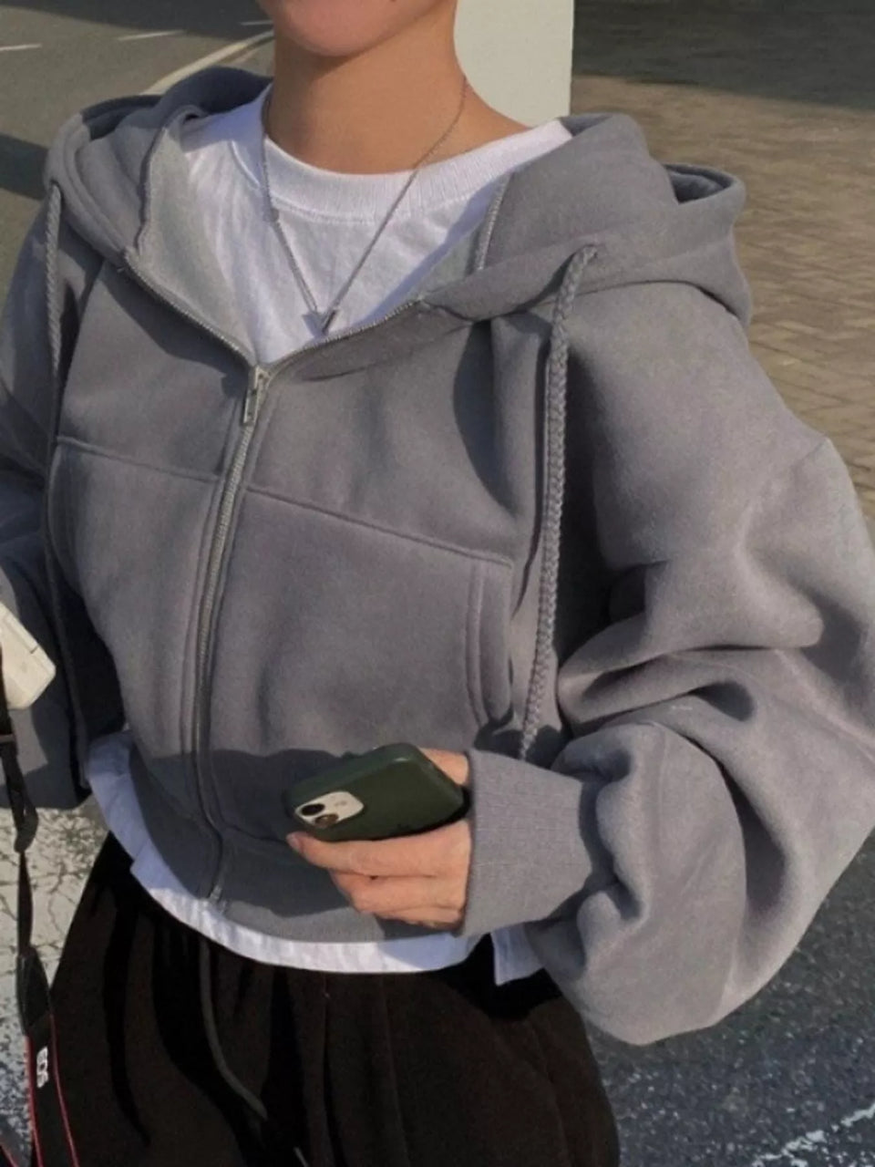 Oversized Zip-Up Cropped Hoodie