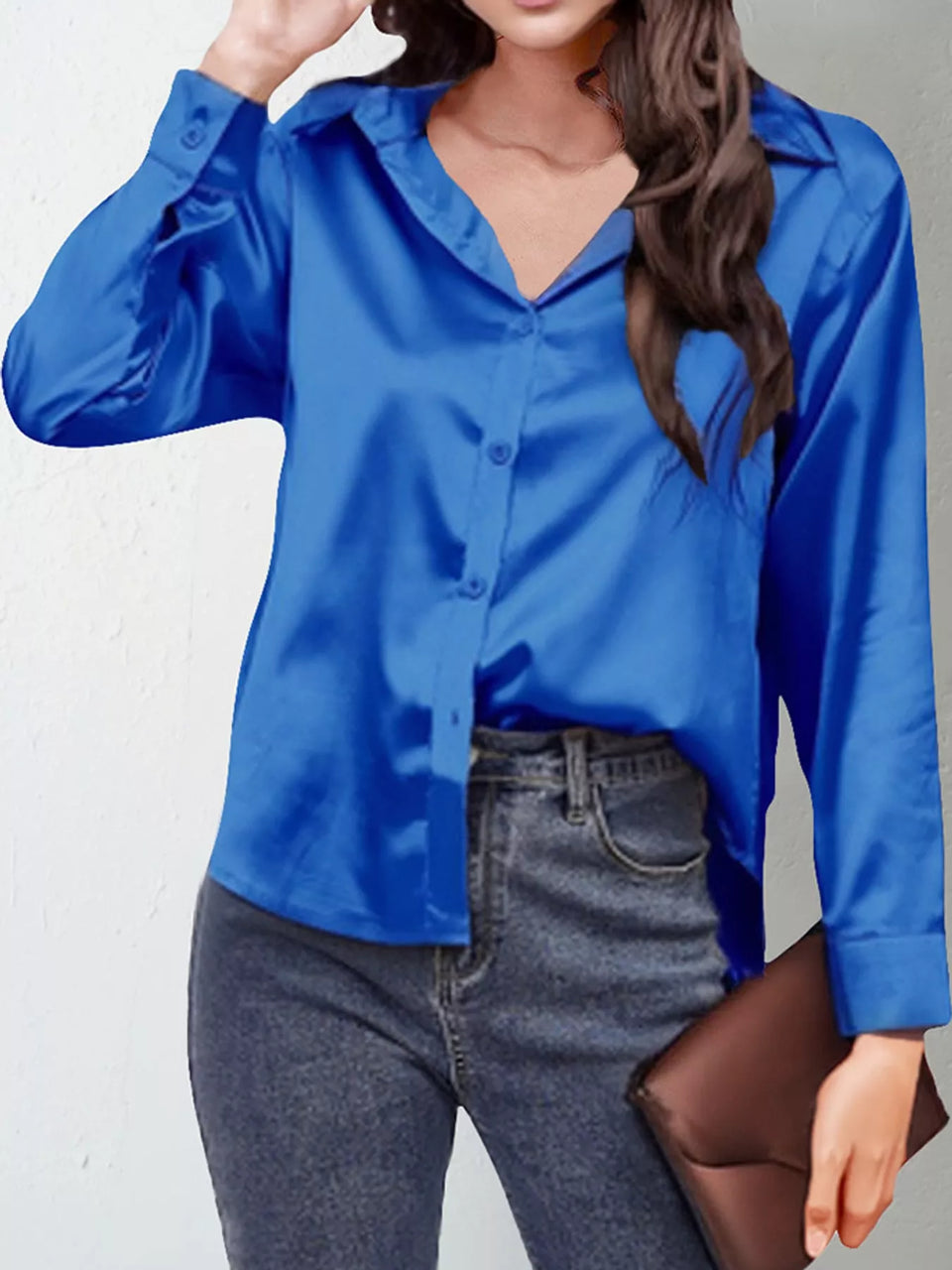 Satin Button-Down Long Sleeve Shirt