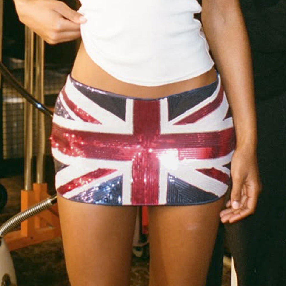 Paljettkjol i minimodell med Union Jack-tryck