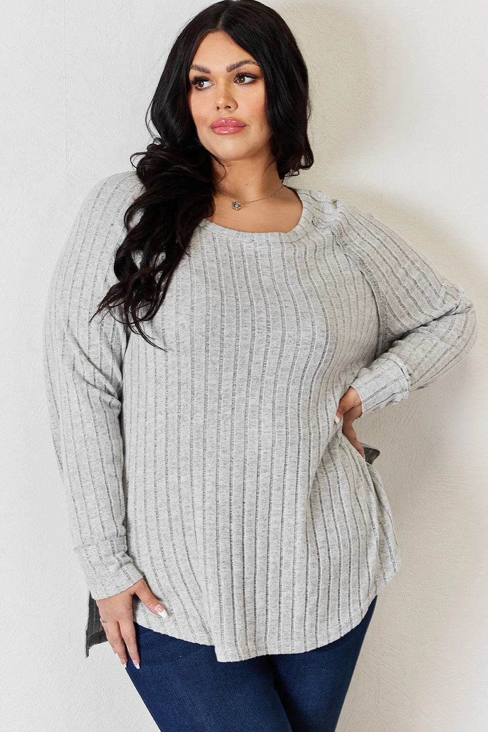 Basic Bae Ribbed Round Neck Slit T-Shirt